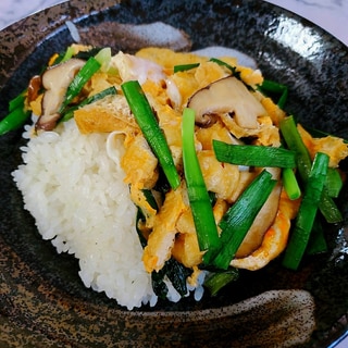 揚げと椎茸のニラ卵とじ丼